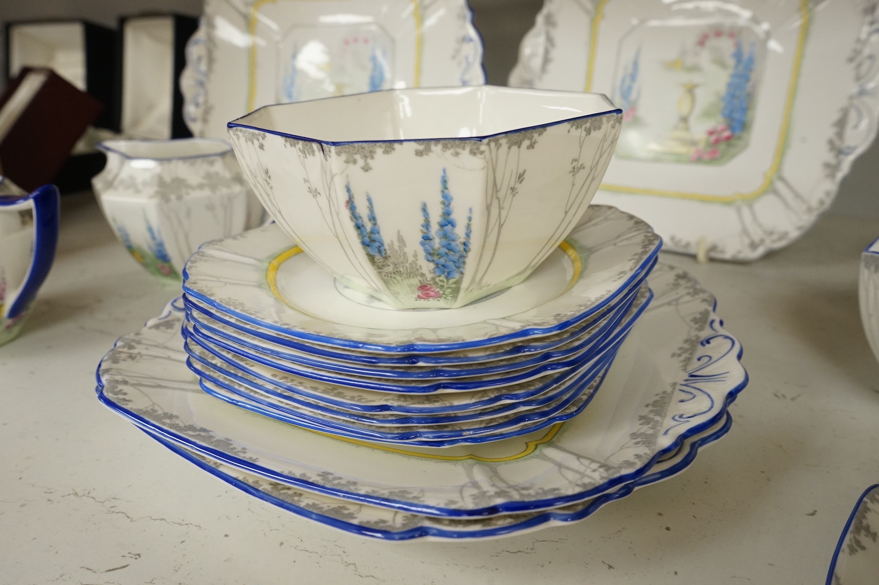 An Art Deco Shelley ‘My Garden’ part teaset to include cups, saucers, jugs and sandwich plates